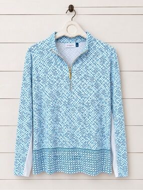 Cabana Life White and Teal Geometric Quarter-Zip Top
